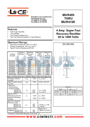 MUR405 datasheet - 4Amp super fast recovery rectifier 50to1000 volts