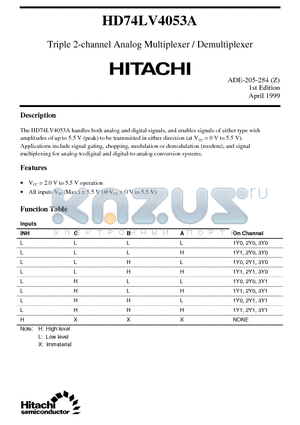 HD74LV4053A datasheet - Triple 2-channel Analog Multiplexer / Demultiplexer