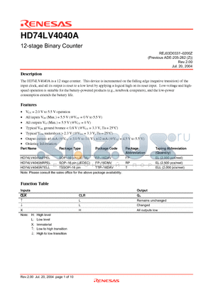 HD74LV4040ATELL datasheet - 12-stage Binary Counter