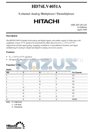 HD74LV4051A datasheet - 8-channel Analog Multiplexer / Demultiplexer