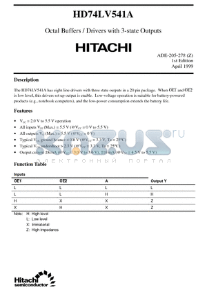 HD74LV541A datasheet - Octal Buffers / Drivers with 3-state Outputs