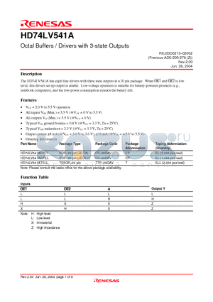 HD74LV541A datasheet - Octal Buffers / Drivers with 3-state Outputs