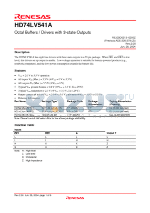HD74LV541ATELL datasheet - Octal Buffers / Drivers with 3-state Outputs