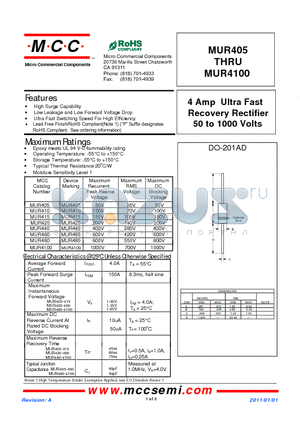 MUR4100 datasheet - 4 Amp Ultra Fast Recovery Rectifier 50 to 1000 Volts