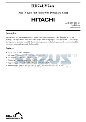 HD74LV74A datasheet - Dual D-type Flip Flops with Preset and Clear