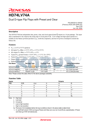 HD74LV74A datasheet - Dual D-type Flip Flops with Preset and Clear