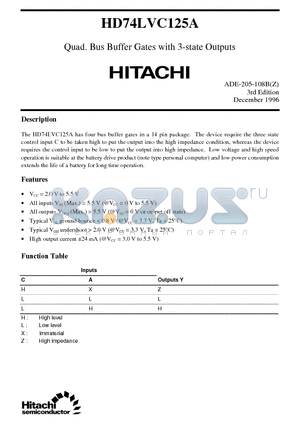 HD74LVC125A datasheet - Quad. Bus Buffer Gates with 3-state Outputs