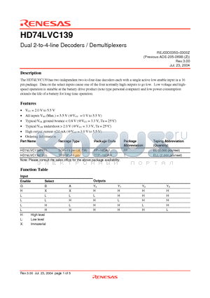 HD74LVC139TELL datasheet - Dual 2-to-4-line Decoders / Demultiplexers