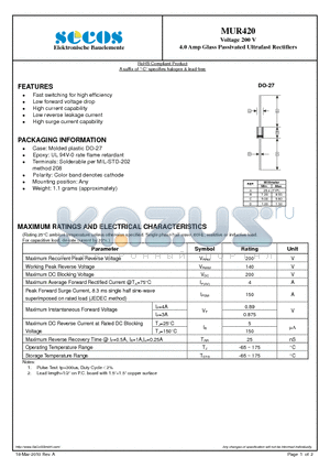 MUR420 datasheet - 4.0 Amp Glass Passivated Ultrafast Rectifiers