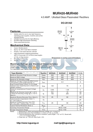 MUR420 datasheet - 4.0 AMP. Ultrafast Glass Passivated Rectifiers