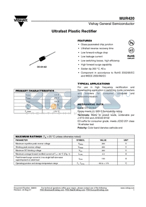 MUR420-E3/54 datasheet - Ultrafast Plastic Rectifier