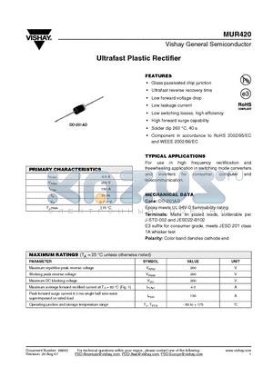 MUR420-E3/73 datasheet - Ultrafast Plastic Rectifier
