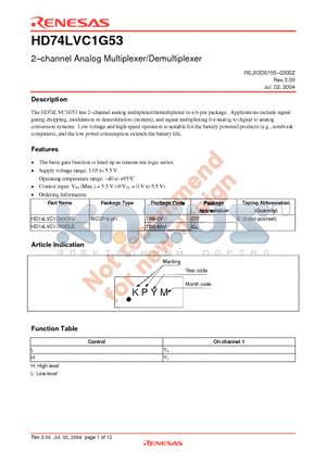 HD74LVC1G53 datasheet - 2-channel Analog Multiplexer/Demultiplexer