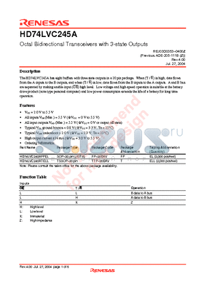 HD74LVC245ATELL datasheet - Octal Bidirectional Transceivers with 3-state Outputs