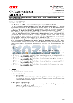 ML63611A datasheet - 4-Bit Microcontroller that Operates under Ultra-Low Supply Current, with RC Oscillation Type A/D Converter Built-In