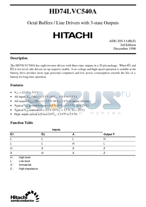HD74LVC540A datasheet - Octal Buffers / Line Drivers with 3-state Outputs