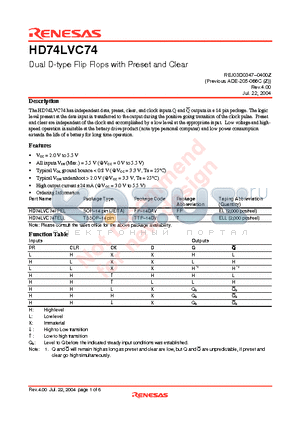 HD74LVC74FPEL datasheet - Dual D-type Flip Flops with Preset and Clear