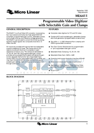 ML6411 datasheet - Programmable Video Digitizer with Selectable Gain and Clamps