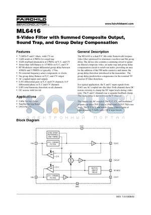 ML6416 datasheet - S-Video Filter with Summed Composite Output, Sound Trap, and Group Delay Compensation