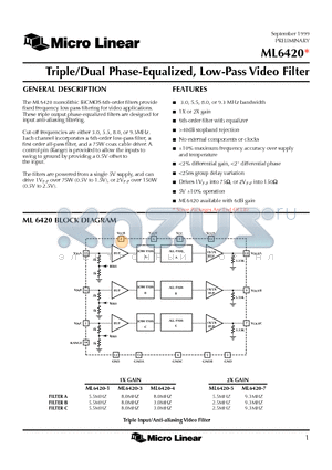 ML6420 datasheet - Triple/Dual Phase-Equalized, Low-Pass Video Filter