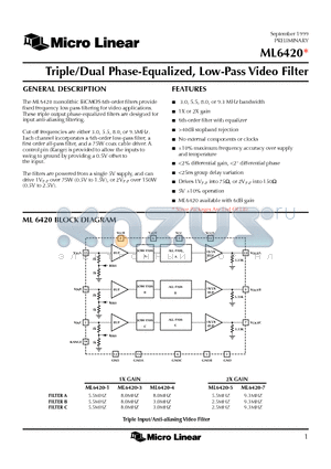 ML6420CS-1 datasheet - Triple/Dual Phase-Equalized, Low-Pass Video Filter