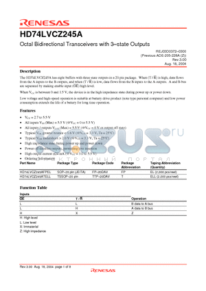 HD74LVCZ245A datasheet - Octal Bidirectional Transceivers with 3-state Outputs