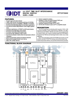 IDT72V70840BC datasheet - 3.3 VOLT TIME SLOT INTERCHANGE DIGITAL SWITCH