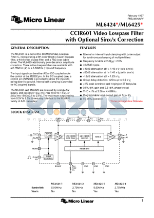 ML6424 datasheet - CCIR601 Video Lowpass Filter with Optional Sinx/x Correction