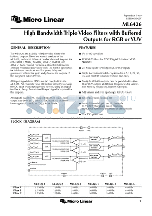 ML6426 datasheet - High Bandwidth Triple Video Filters with Buffered Outputs for RGB or YUV