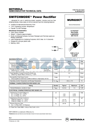 MUR620 datasheet - ULTRAFAST RECTIFIER 6 AMPERES 200 VOLTS