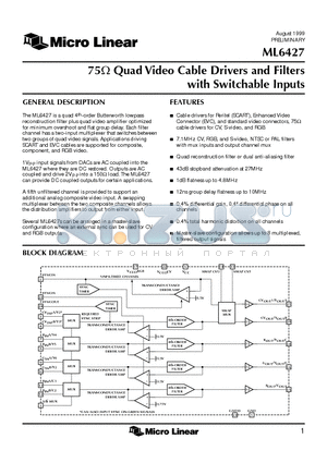 ML6427 datasheet - 75Y Quad Video Cable Drivers and Filters with Switchable Inputs