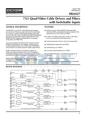 ML6427CS datasheet - 75W Quad Video Cable Drivers and Filters with Switchable Inputs