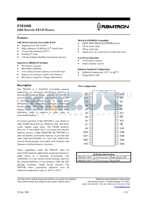 FM1608 datasheet - 64Kb Bytewide FRAM Memory