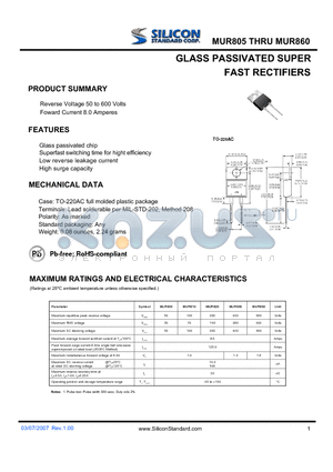 MUR805 datasheet - GLASS PASSIVATED SUPER FAST RECTIFIERS