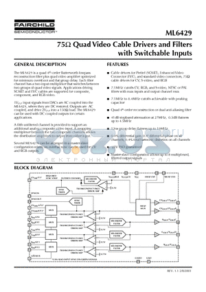 ML6429CS-1 datasheet - 75 Quad Video Cable Drivers and Filters with Switchable Inputs