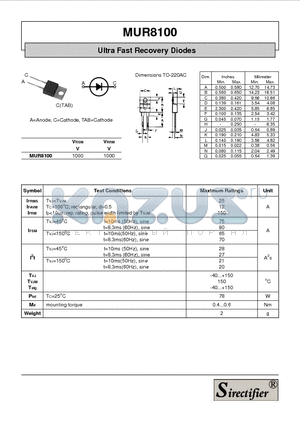 MUR8100 datasheet - Ultra Fast Recovery Diodes