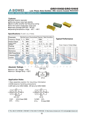 GRO1090D datasheet - Low Phase Noise VCO With Ceramic Coaxial Resonator