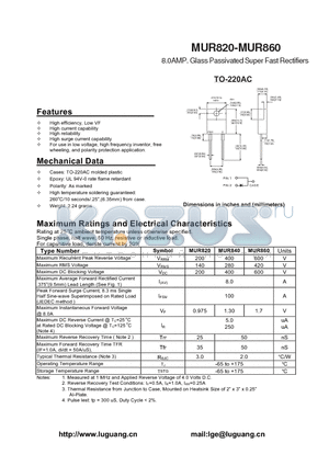 MUR820 datasheet - 8.0AMP. Glass Passivated Super Fast Rectifiers