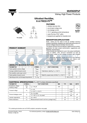 MUR820PBF datasheet - Ultrafast Rectifier, 8 A FRED PtTM