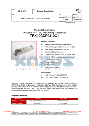 GS-12-0974 datasheet - TRX10GDP0310C1 (SFP LR Module)