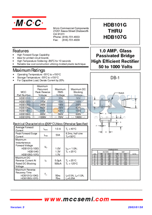 HDB101G datasheet - 1.0 AMP. Glass Passivated Bridge High Efficient Rectifier 50 to 1000 Volts