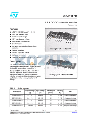 GS-12S0331.9 datasheet - 1.9 A DC-DC converter modules