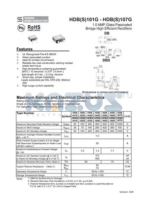 HDB105G datasheet - 1.0 AMP. Glass Passivated Bridge High Efficient Rectifiers