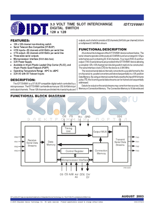 IDT72V8981 datasheet - 3.3 VOLT TIME SLOT INTERCHANGE DIGITAL SWITCH 128 x 128