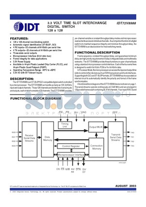 IDT72V8988DB datasheet - 3.3 VOLT TIME SLOT INTERCHANGE DIGITAL SWITCH 128 x 128