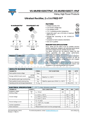 MURB1020CTPBF datasheet - Ultrafast Rectifier, 2 x 5 A FRED Pt