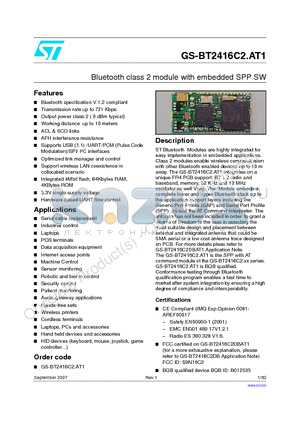 GS-BT2416C2.AT1 datasheet - Bluetooth class 2 module with embedded SPP SW