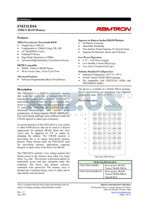 FM21LD16-60-BG datasheet - 2Mbit F-RAM Memory