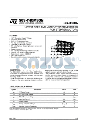 GS-D500A datasheet - 100V/5A STEP AND MICROSTEP DRIVE BOARD FOR STEPPER MOTORS