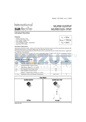 MURB1520-1TRLPBF datasheet - Ultrafast Rectifier ( trr = 35ns , IF(AV) = 15Amp , VR = 200V )